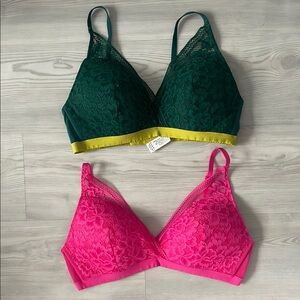 2x Knix L Deep V Plunge Lace Padded Bras - Green & Pink